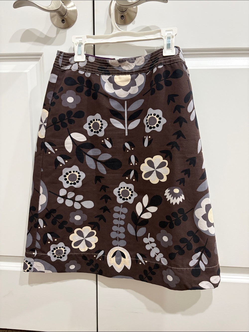 Boden Brown Floral Midi Skirt with Cream and Gray Accents